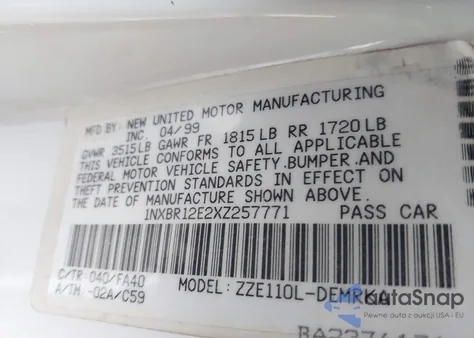 1999 Toyota Corolla Ve z USA, uszkodzony, nr VIN 1NXBR12E2XZ257771